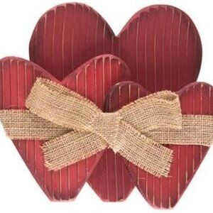 Red Triple Heart Wood Decor with Burlap Bow Decoration Valentine's Day Gift